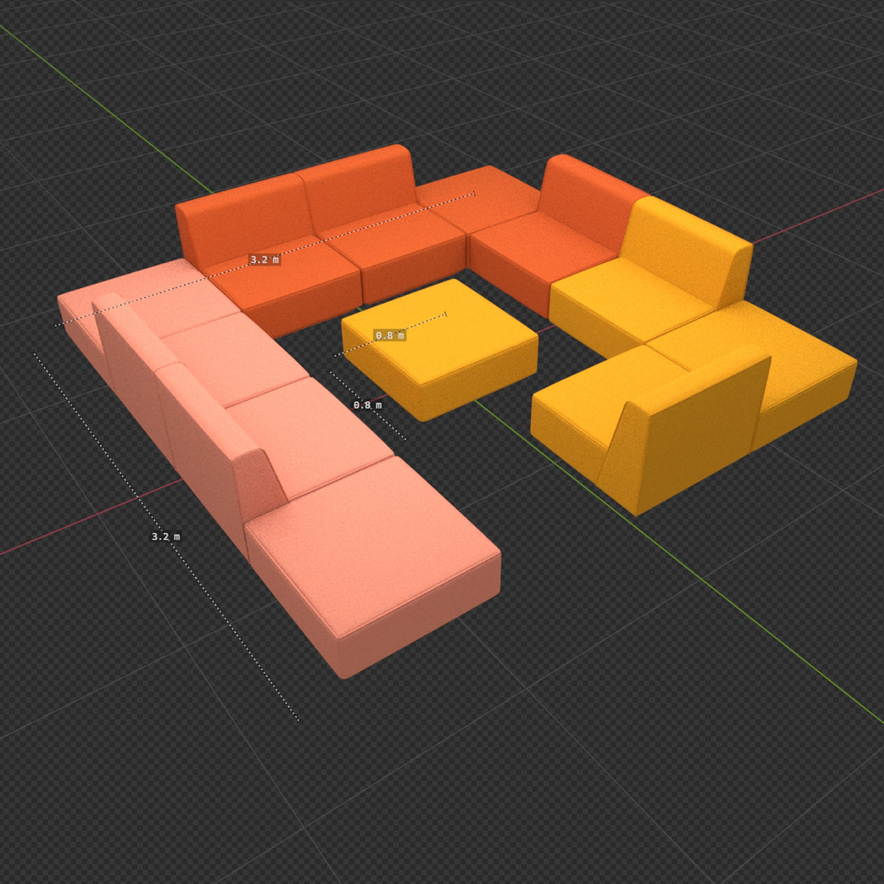 Visualisierte Sofa-Module mit Maßangaben als Beispiel für die 3D-Planungskompetenz im Unternehmen
