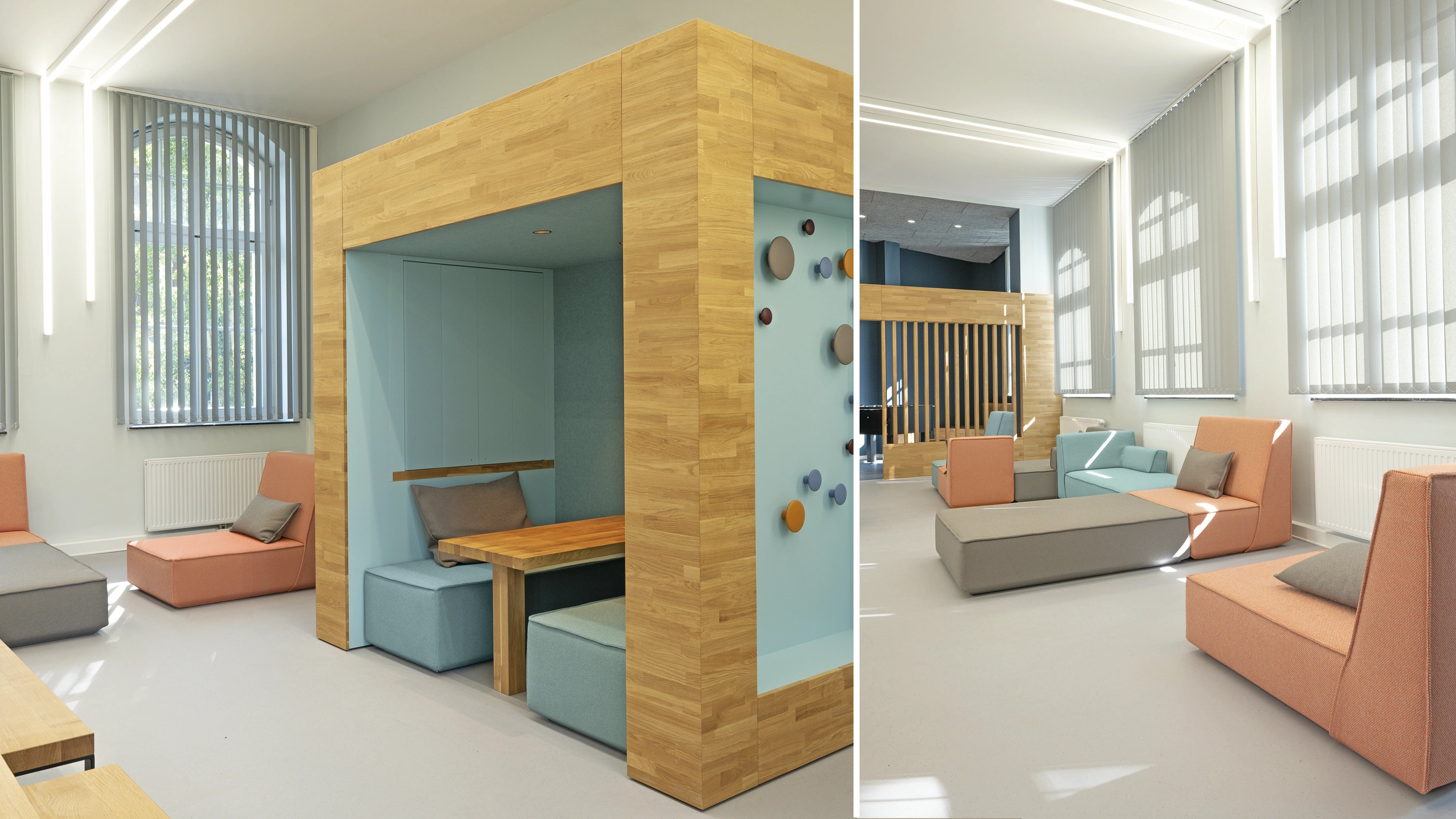 Referenzprojekt mit Cubit Sofas im Aufenthaltsraum des Lessing-Gymnasiums Düsseldorf – modulare Sitzmöbel für den Einsatz im Bildungsbereich