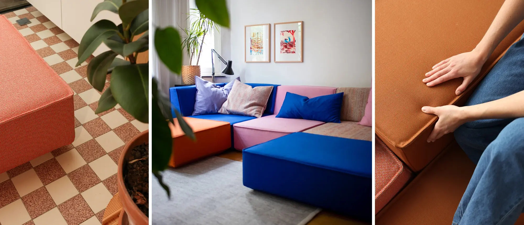 Modulares Sofa-System in Blau, Rosa und Orange im Wohnzimmer-Setting sowie Detailaufnahme der hochwertigen Polsterstoff-Qualität – individuell zusammenstellbares Sitzmöbel.