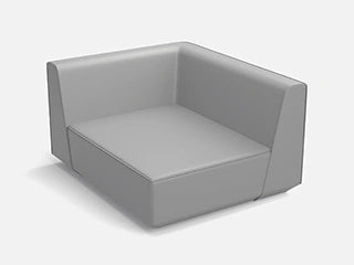 A gray corner module of a sofa system with two backrests against a neutral white background.