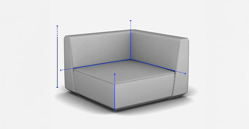 Light gray modular corner sofa unit by Cubit with blue dimension lines for configuration.