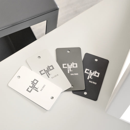 Choice of four Cubit lacquer patterns in white, light grey, medium grey and anthracite on coffee table