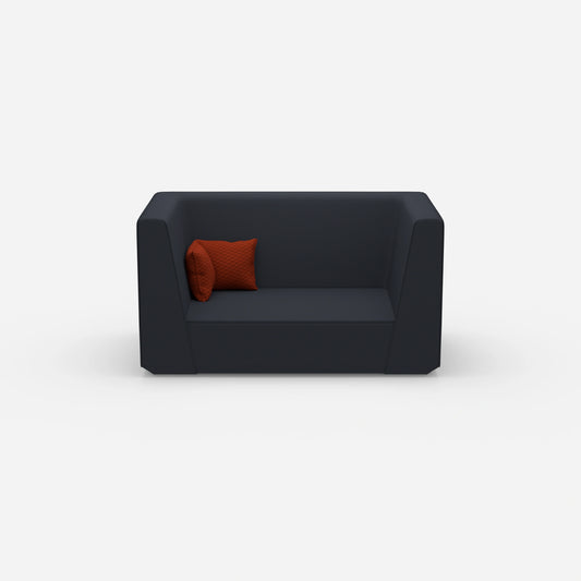 Modern two-seater sofa with high back from the front