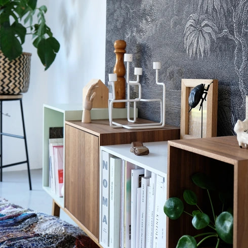 Wooden Sideboard with open and closed compartments, decorated with plants and books.