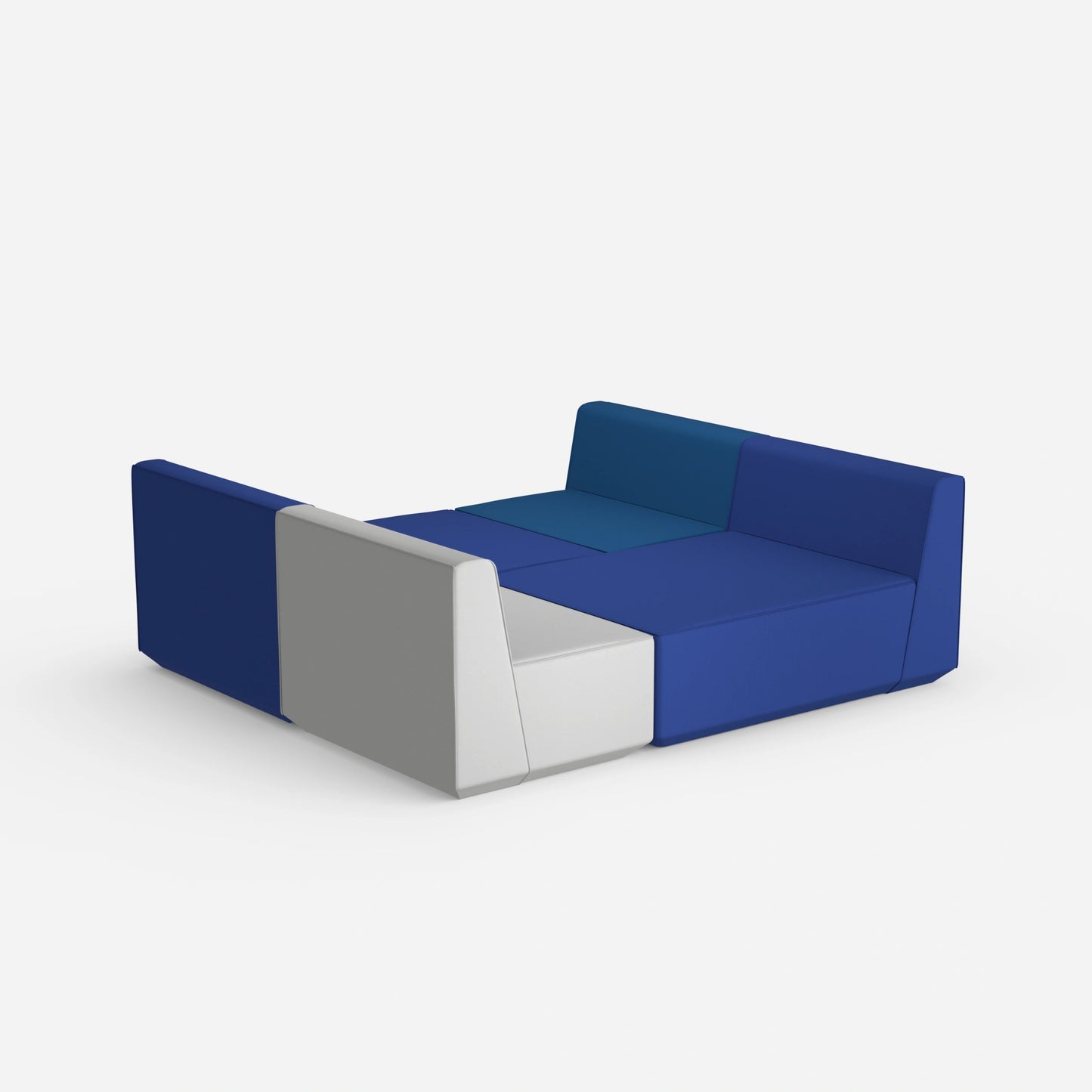 Modular sofa in blue and grey from behind