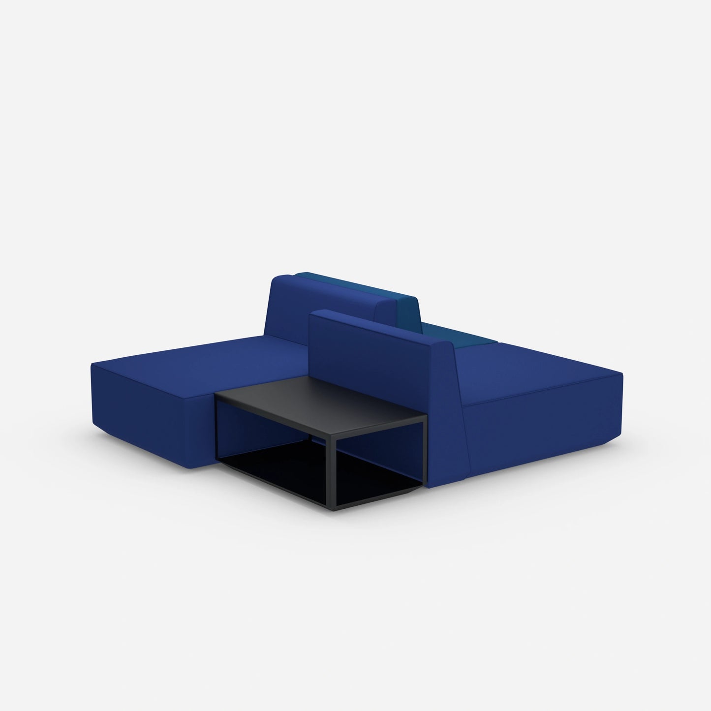 Modular sofa in blue and grey from behind