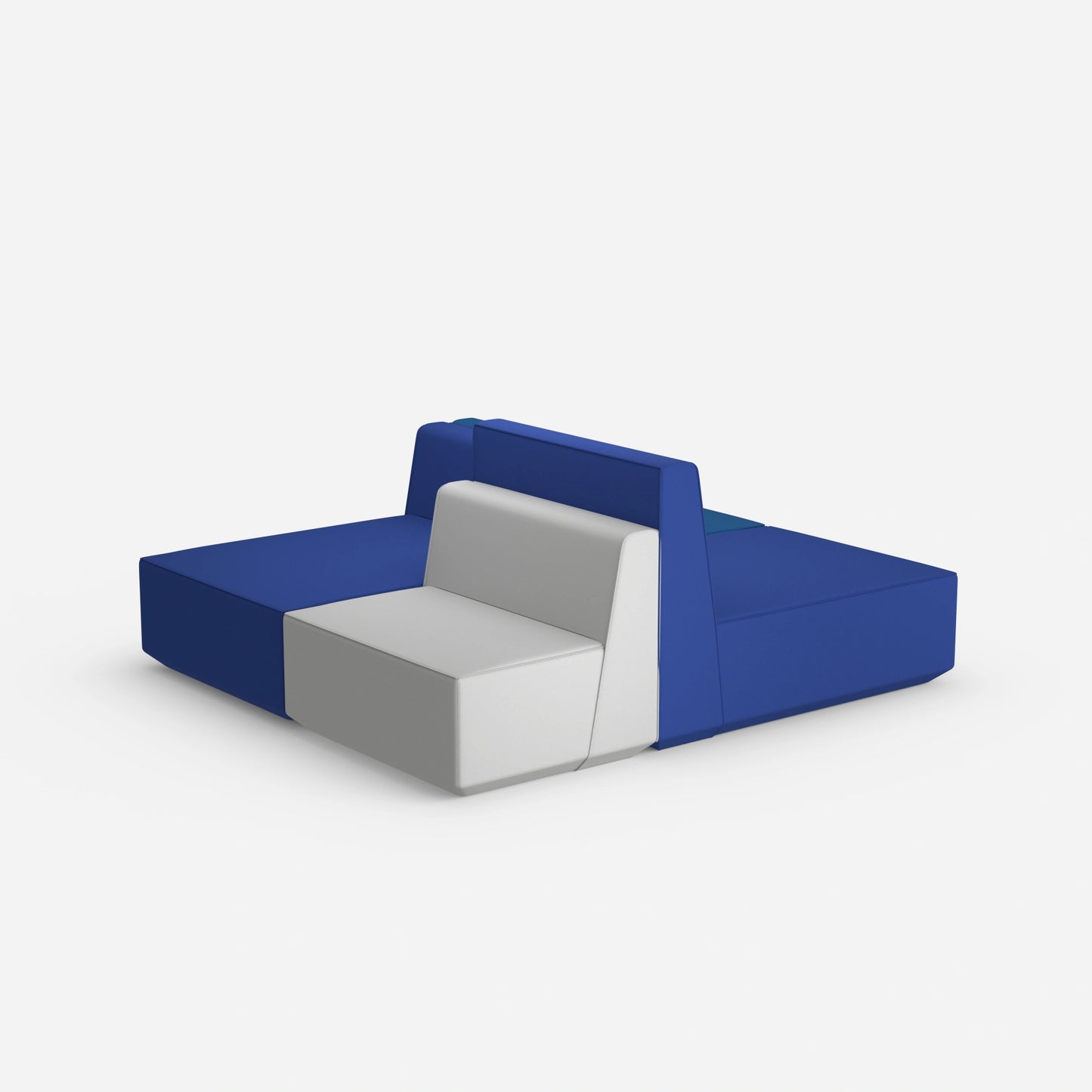 Modular sofa in blue and grey from behind