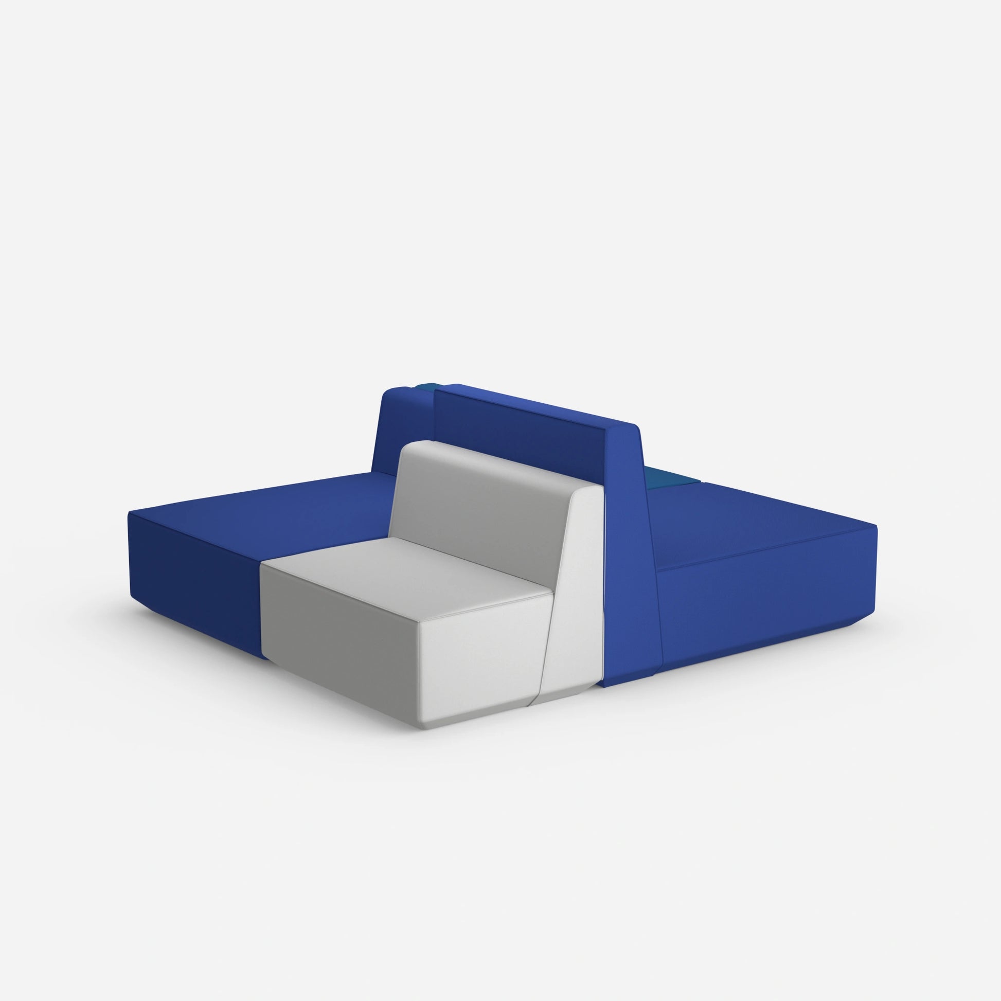 Modular sofa in blue and grey from behind