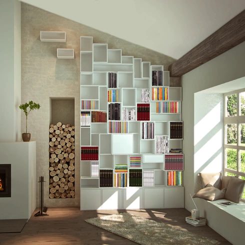 White shelves perfectly adapted to sloping ceilings, combined with wood decor and daylight.