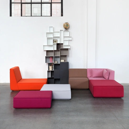 Sofa lounge in different colours, combined with a modern shelf.