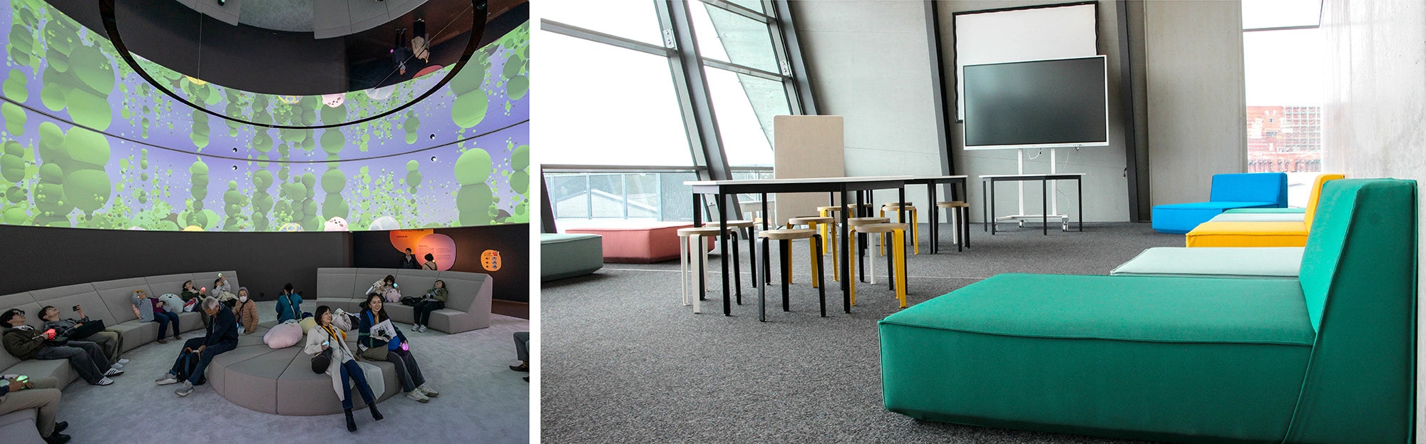 Sièges modulaires dans la salle d'exposition et de séminaire : solutions de canapés flexibles en gris, turquoise, jaune et bleu pour la formation, la culture et les présentations.