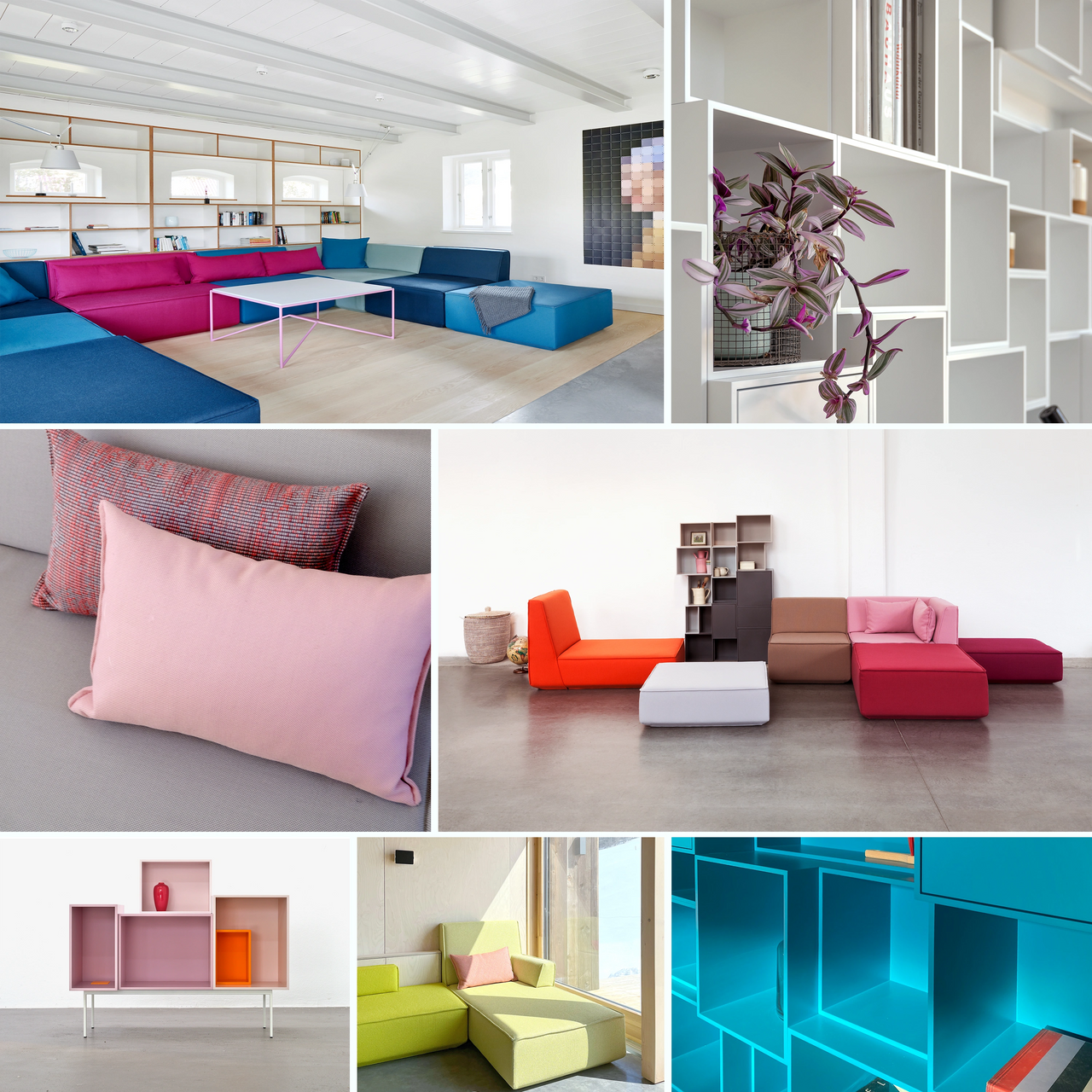 Collage d'éléments modulaires de sièges et d'étagères aux couleurs vives, pouvant être combinés de manière flexible et utilisés de manière mobile