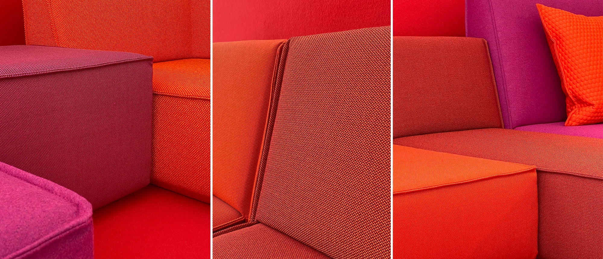 Trois découpes juxtaposées d'arrangements de canapés modulaires dans différentes couleurs vives, qui montrent les possibilités de combinaison des revêtements