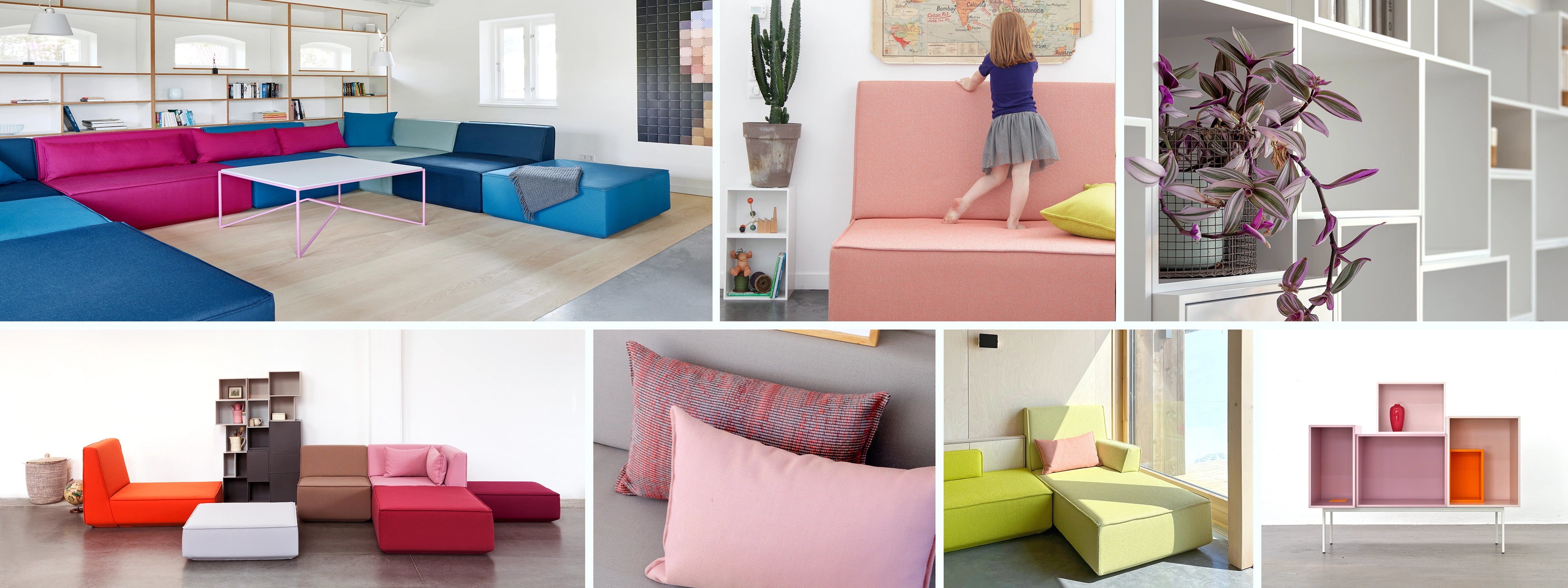Collage de meubles modulaires aux couleurs vives, disposés dans des espaces de vie et de travail avec des combinaisons flexibles d'éléments d'assise et d'étagères.