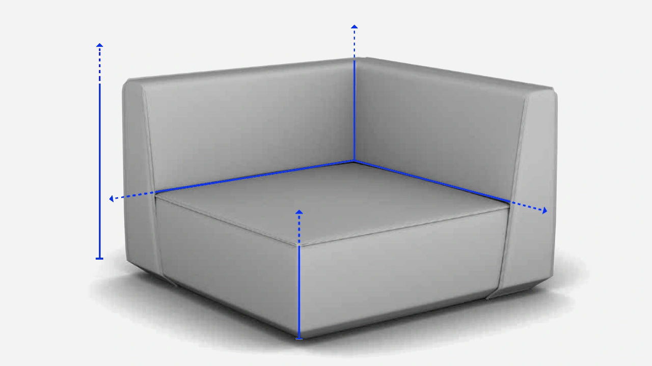 Graphique 3D d'un Cubit modulaire Cubit gris avec des lignes de mesure bleues pour représenter la largeur, la profondeur, la hauteur d'assise et la hauteur totale