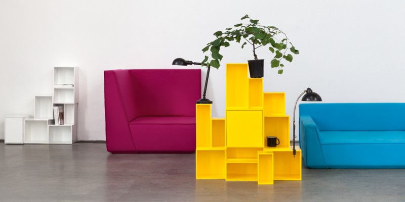 Modular furniture system consisting of shelving and sofa